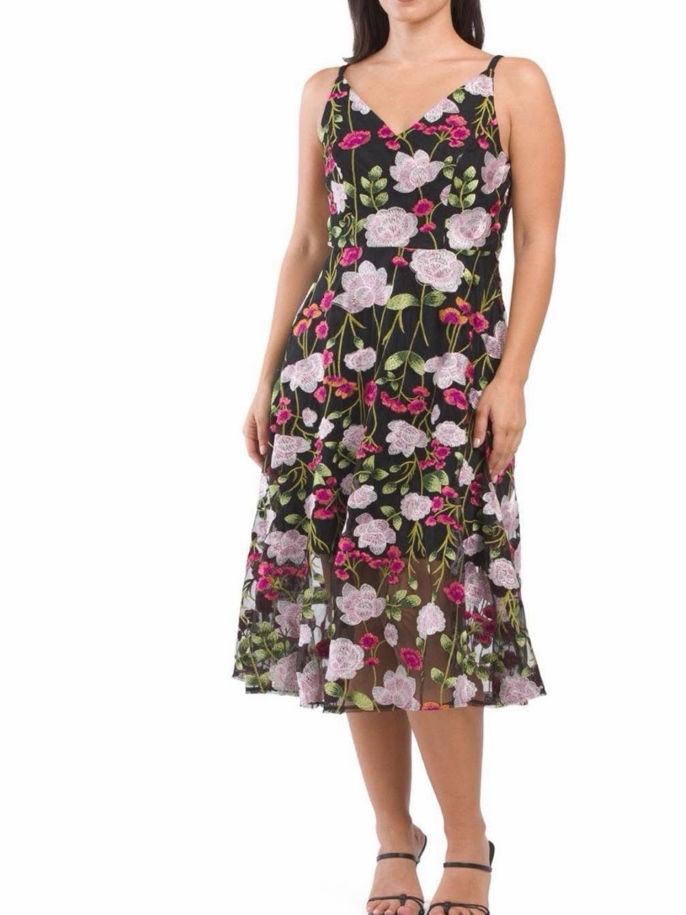 Sam Edelman Black Midi Dress with Pink & White Floral Embroidery